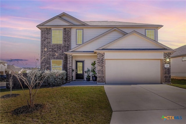 31696 Bard Ln, Bulverde, TX 78163 - traditional-style home with driveway, a front lawn, a garage, and brick siding