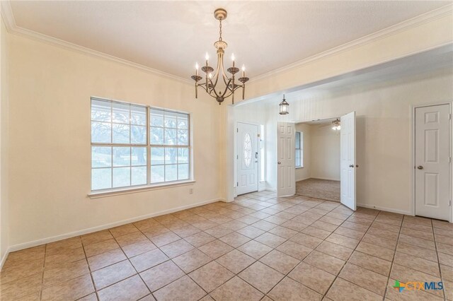 3302 Colorado Dr, Copperas Cove, TX 76522 - unfurnished room with a chandelier, ornamental molding, light tile patterned floors, baseboards, and ceiling fan