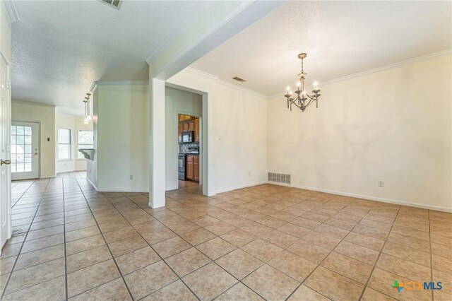 3302 Colorado Dr, Copperas Cove, TX 76522 - unfurnished room with a chandelier, light tile patterned floors, crown molding, baseboards, and a textured ceiling