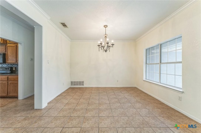 3302 Colorado Dr, Copperas Cove, TX 76522 - unfurnished dining area featuring crown molding, a chandelier, light tile patterned flooring, and baseboards