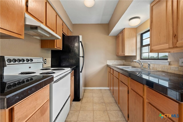 kitchen featuring sink, white electric stove, and light tile patterned floors