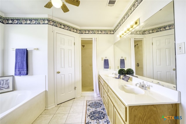 bathroom with a stall shower, a bath, visible vents, ceiling fan, and a sink