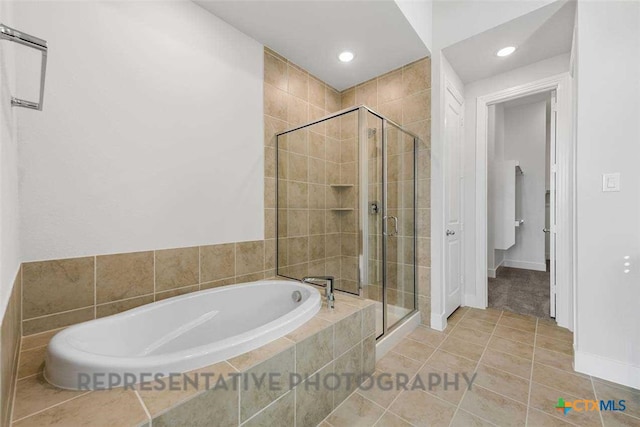 full bath with recessed lighting, tile patterned flooring, a garden tub, and a stall shower