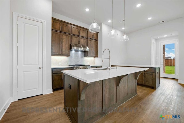 kitchen with wood finished floors, a breakfast bar, a center island with sink, under cabinet range hood, and a sink