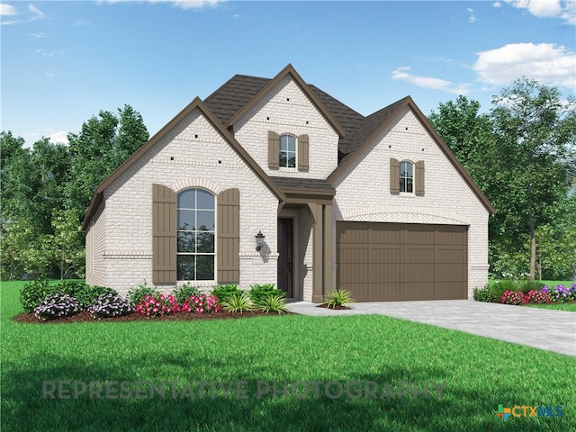 french provincial home with roof with shingles, concrete driveway, a front yard, and brick siding
