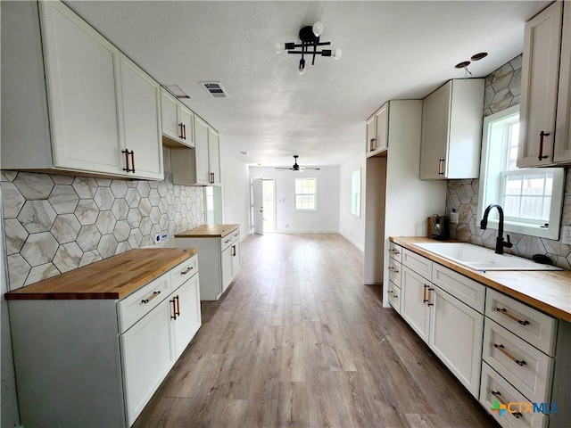 kitchen featuring butcher block countertops, a sink, wood finished floors, and ceiling fan