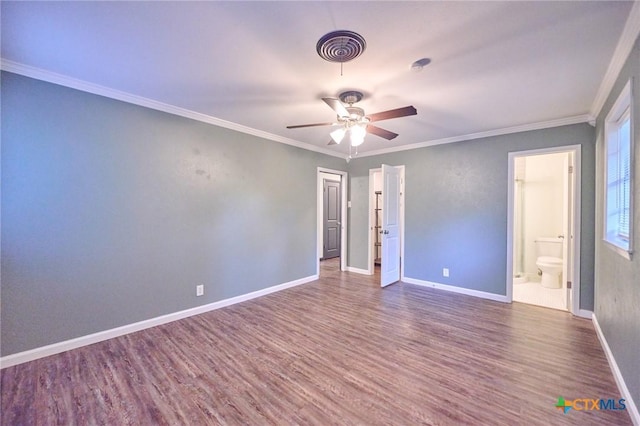 2405 Redwing Dr, Temple, TX 76502 - unfurnished bedroom featuring wood finished floors, ornamental molding, ensuite bath, and ceiling fan