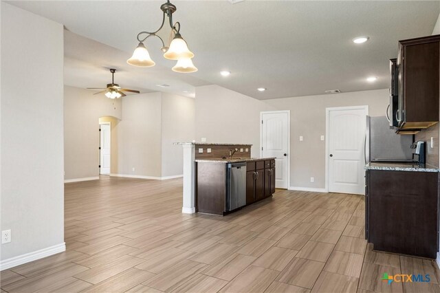 716 Kendra Dr, Temple, TX 76502 - kitchen with dishwasher, dark brown cabinetry, ceiling fan, light wood-type flooring, and recessed lighting