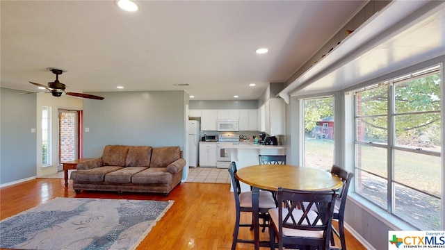 dining room featuring ceiling fan and light hardwood / wood-style flooring