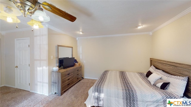 bedroom featuring ceiling fan, light colored carpet, and ornamental molding