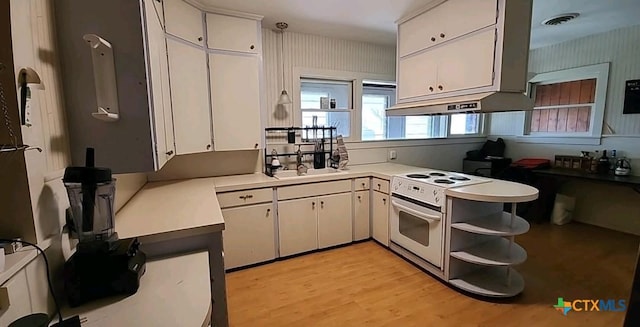 kitchen with white cabinetry, white electric stove, sink, and light hardwood / wood-style flooring