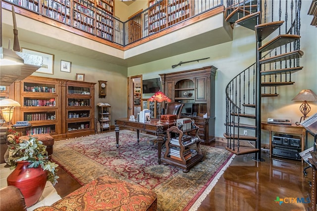 home office with a high ceiling