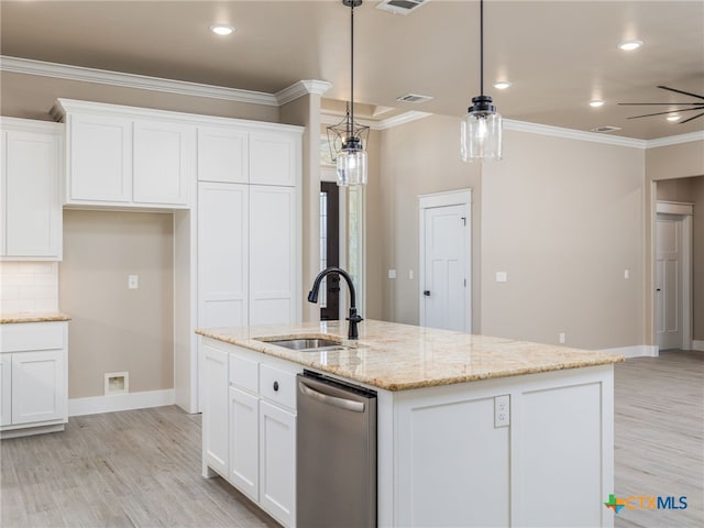 101 Dawna Len Dr, Burnet, TX 78611 - kitchen with a sink, dishwasher, ornamental molding, white cabinets, and recessed lighting