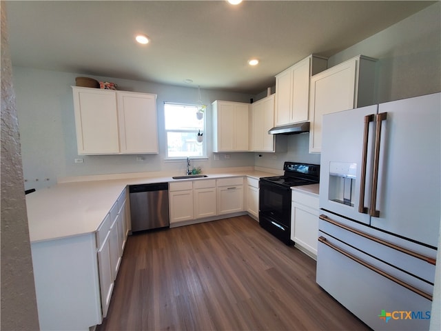 kitchen featuring black range with electric cooktop, white cabinetry, sink, high end white refrigerator, and stainless steel dishwasher