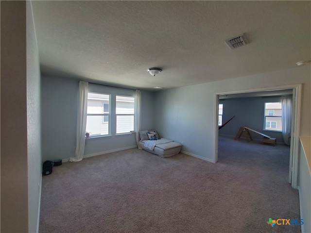 unfurnished bedroom with a textured ceiling, carpet floors, and multiple windows