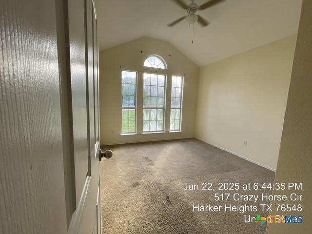 517 Crazy Horse Cir, Harker Heights, TX 76548 - carpeted spare room with a ceiling fan and vaulted ceiling