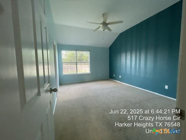 517 Crazy Horse Cir, Harker Heights, TX 76548 - empty room featuring a ceiling fan, carpet floors, and lofted ceiling