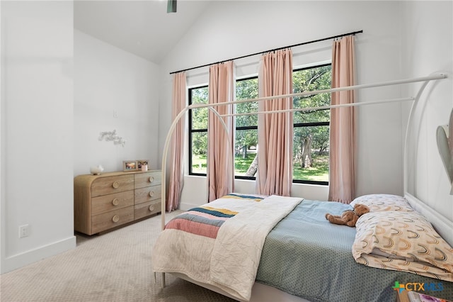 carpeted bedroom featuring high vaulted ceiling and multiple windows