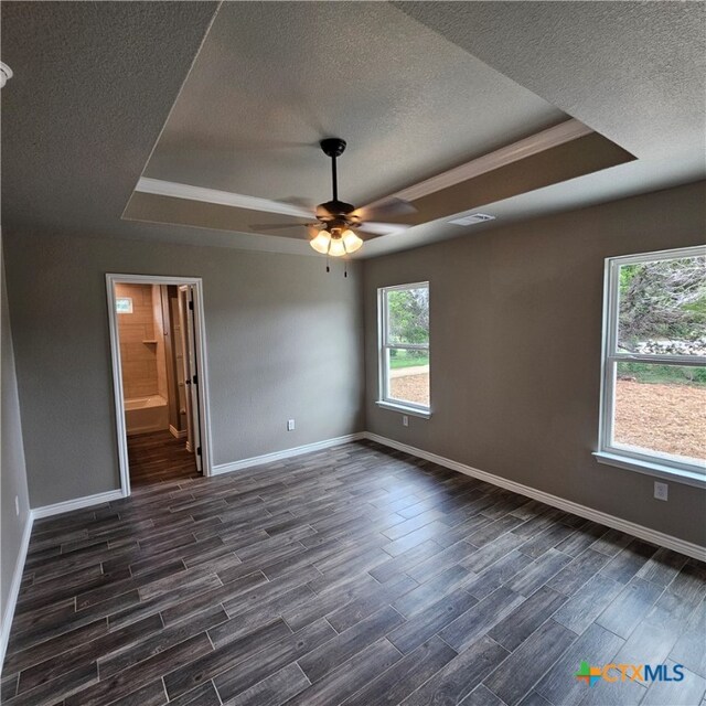 empty room featuring a wealth of natural light, dark hardwood / wood-style floors, and a tray ceiling