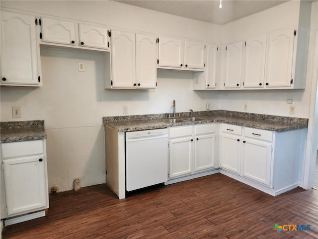 4305 Willow St, Corpus Christi, TX 78411 - kitchen featuring dishwasher, white cabinets, dark wood-style floors, and dark countertops