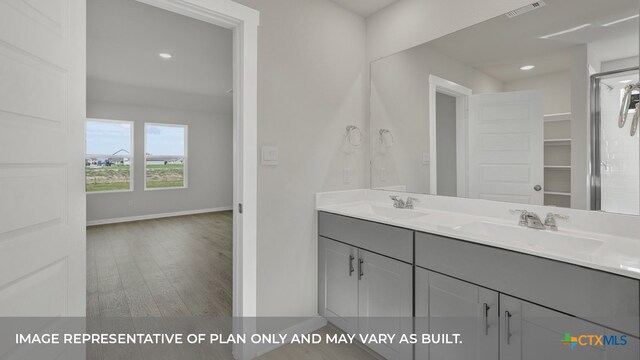 bathroom featuring hardwood / wood-style floors and vanity