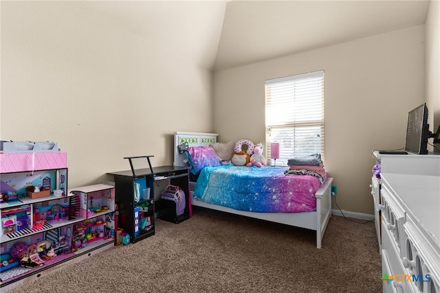 bedroom with lofted ceiling, baseboards, and carpet floors