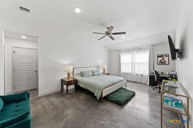 bedroom with ceiling fan, concrete flooring, and vaulted ceiling