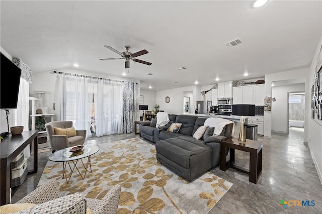 living room featuring ceiling fan