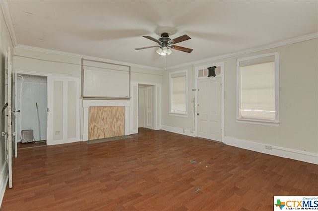 unfurnished living room with dark hardwood / wood-style flooring, ceiling fan, and crown molding