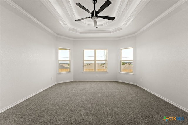 empty room featuring carpet, ceiling fan, crown molding, and a tray ceiling