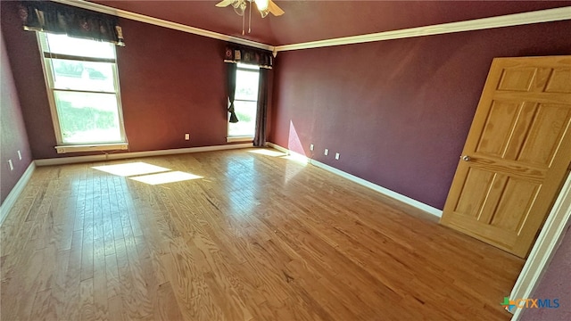 unfurnished room with ceiling fan, light hardwood / wood-style flooring, and crown molding