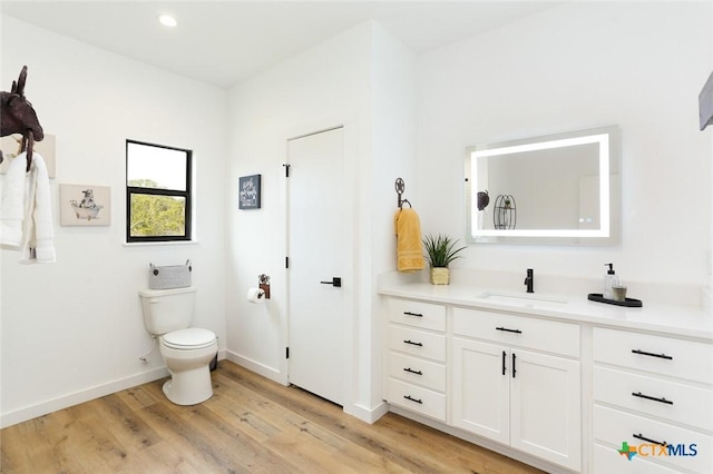 bathroom with vanity, toilet, and wood-type flooring