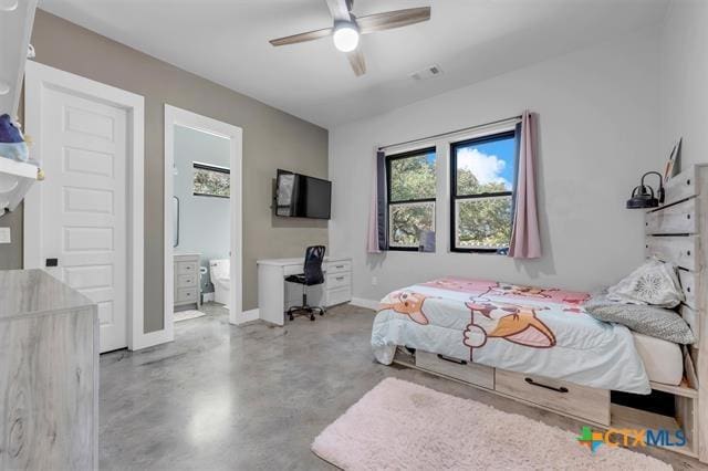 bedroom featuring ensuite bath and ceiling fan