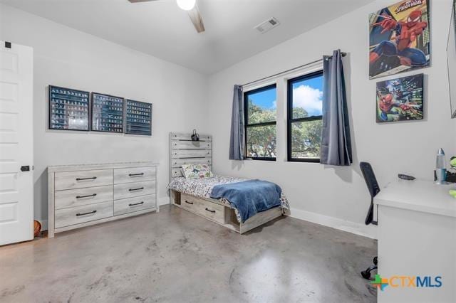 bedroom featuring concrete floors and ceiling fan