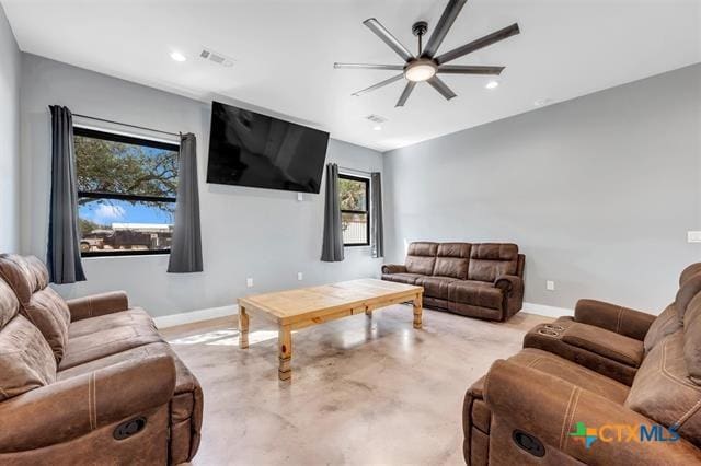 living room with ceiling fan