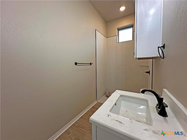 bathroom with hardwood / wood-style flooring and sink