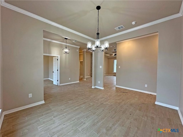 interior space with crown molding, an inviting chandelier, and light wood-type flooring