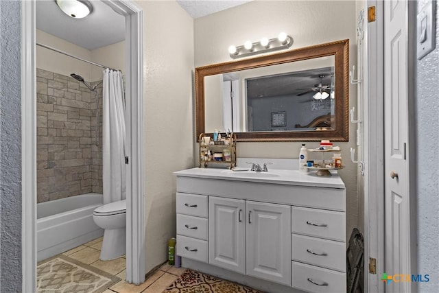 1003 Tyler Dr, Copperas Cove, TX 76522 - bathroom with vanity, tile patterned flooring, shower / bath combination with curtain, and a ceiling fan