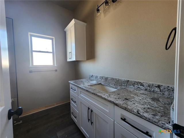 bathroom with wood-type flooring and vanity