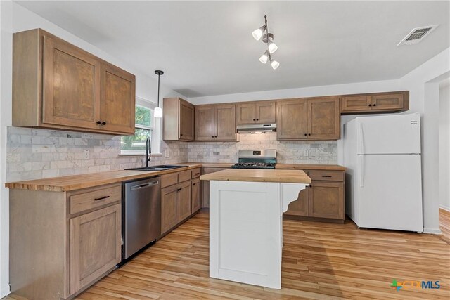 kitchen featuring appliances with stainless steel finishes, a sink, butcher block countertops, under cabinet range hood, and tasteful backsplash
