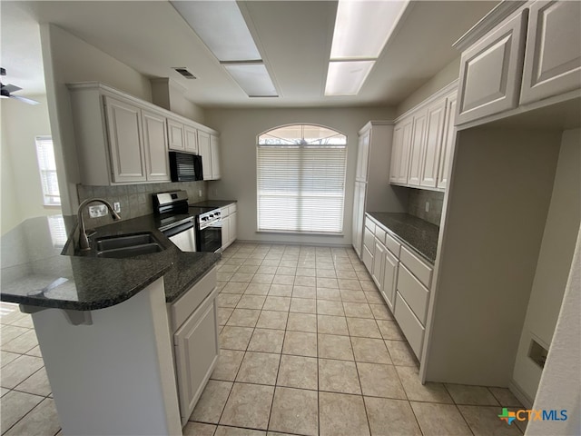 kitchen featuring sink, tasteful backsplash, kitchen peninsula, stainless steel electric range, and white cabinets