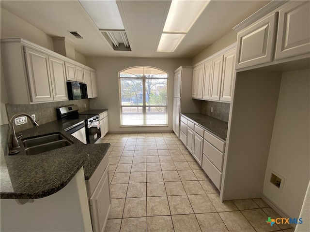 kitchen featuring white cabinets, decorative backsplash, stainless steel range with electric cooktop, and sink