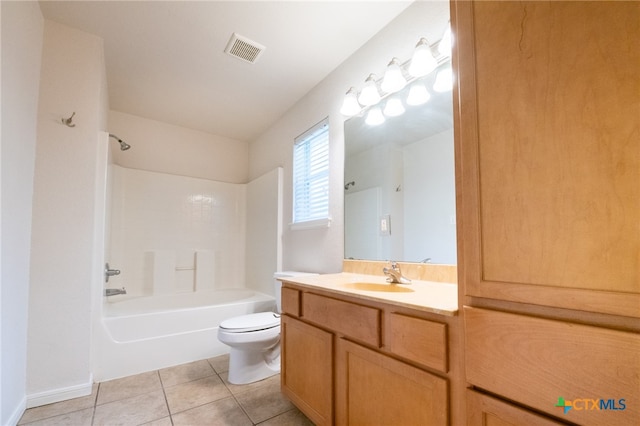 full bathroom with toilet, vanity, shower / bath combination, and tile patterned floors