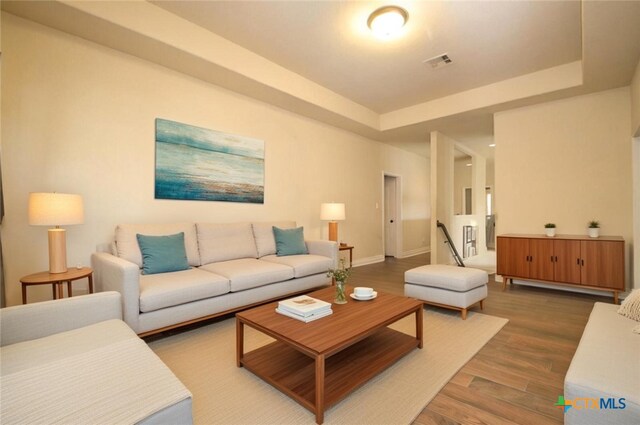 living room featuring hardwood / wood-style floors and a raised ceiling