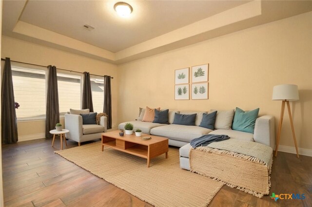 living room with a tray ceiling and hardwood / wood-style floors