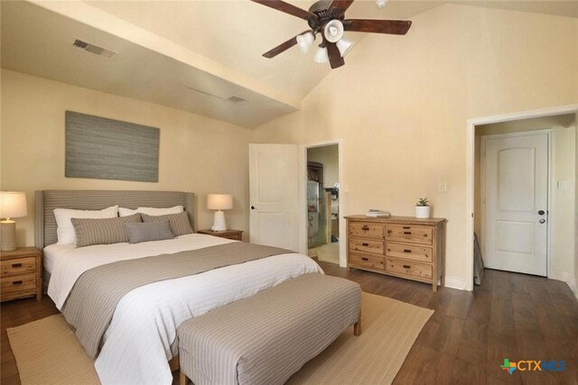 bedroom with ceiling fan, high vaulted ceiling, and dark hardwood / wood-style floors