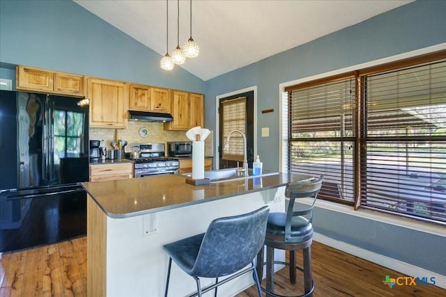 kitchen featuring lofted ceiling, a center island with sink, hanging light fixtures, appliances with stainless steel finishes, and a breakfast bar area