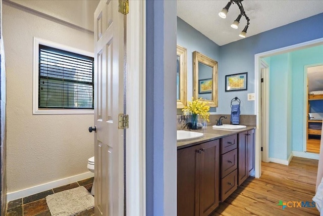 bathroom featuring hardwood / wood-style floors, vanity, and toilet