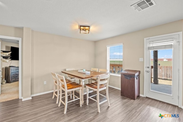 dining area featuring hardwood / wood-style flooring, a textured ceiling, and a healthy amount of sunlight