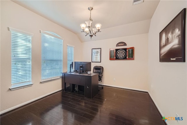 office space with dark hardwood / wood-style flooring, a chandelier, and lofted ceiling